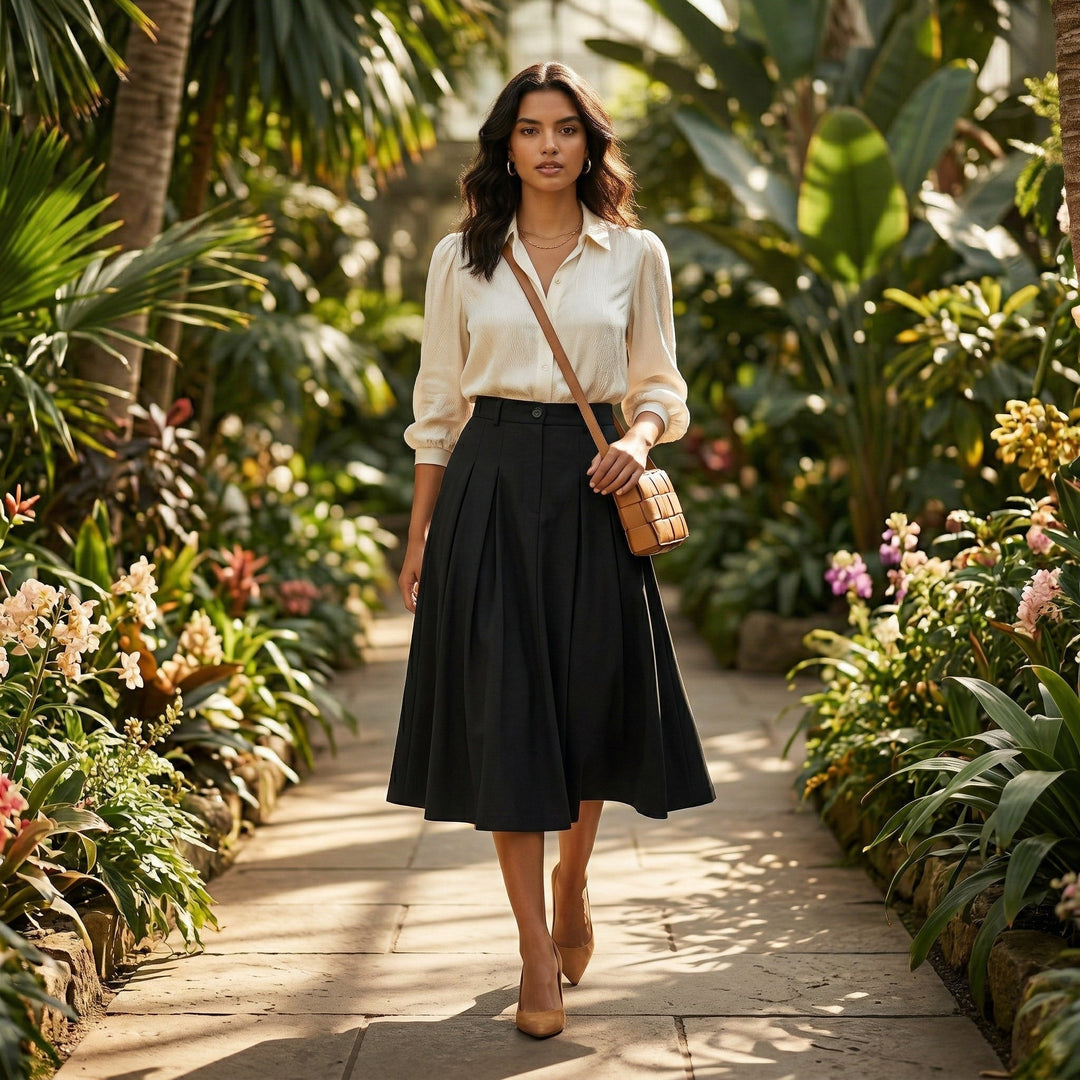 A-Linienrock Schwarz, Outdoor-Styling in tropischem Garten