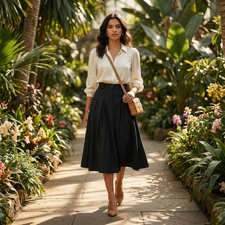 A-Linienrock Schwarz, Outdoor-Styling in tropischem Garten