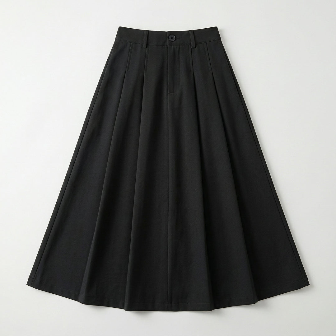 A-Linienrock Schwarz Flat-lay, Knopf, Falten, matter Twill