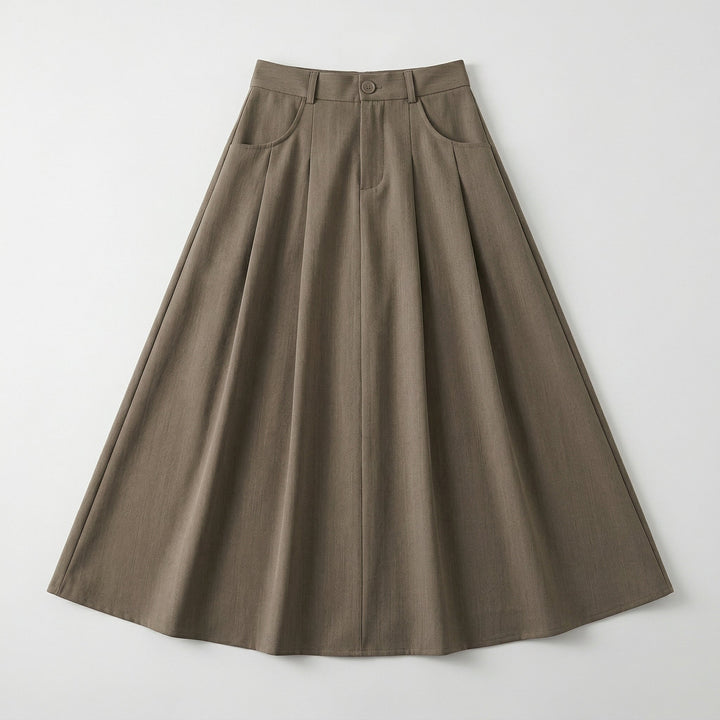 A-Linienrock Braun Flat-lay, Fronttaschen, Twill-Textur, breiter Bund