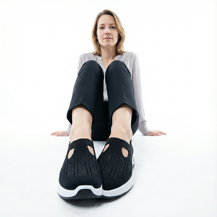 Damen trägt Mesh-Sneaker, lockeres Sommeroutfit, Vorderansicht