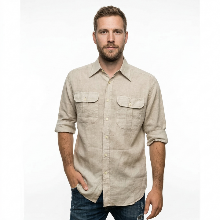 Herren Leinenhemd Khaki Langarm mit Brusttaschen