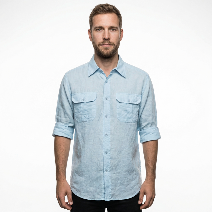 Herren Leinenhemd Blau Frontansicht Regular Fit