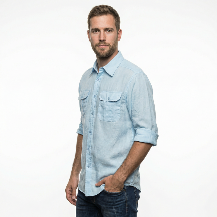 Herren Leinenhemd Blau Seitenansicht lockere Passform