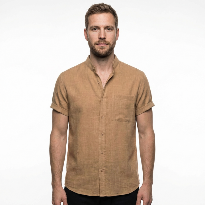 Herren Leinenhemd Kurzarm Khaki, Oversized, Vorderansicht