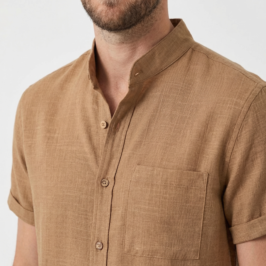 Herren Leinenhemd Kurzarm Olivgrün, Oversized, Vorderansicht
