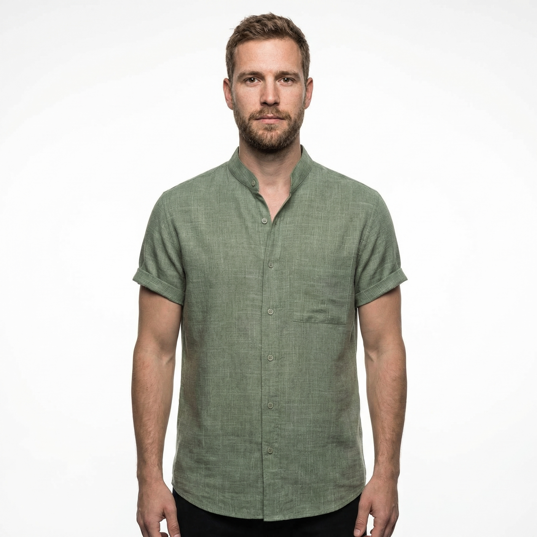 Herren Leinenhemd Kurzarm Schwarz, Oversized, Vorderansicht