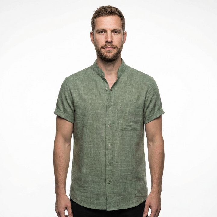 Herren Leinenhemd Kurzarm Schwarz, Oversized, Vorderansicht