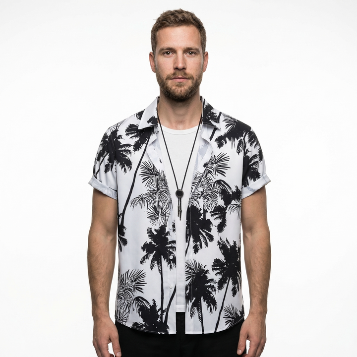 Herren Hawaii Kurzarmhemd, schwarz-weißer Palmenprint