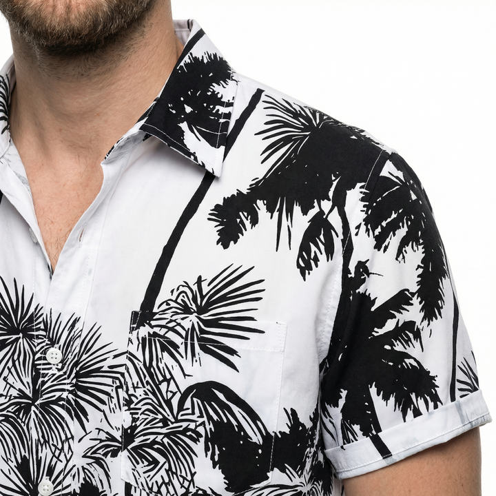 Herren Hawaiihemd Kurzarm, schwarzer Palmenprint, Strand