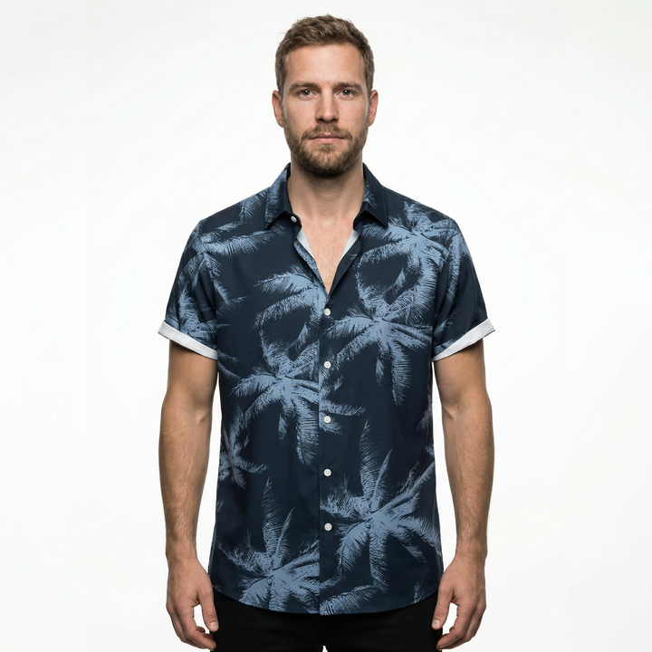 Herren Hawaii Kurzarmhemd, marineblauer Palmenprint