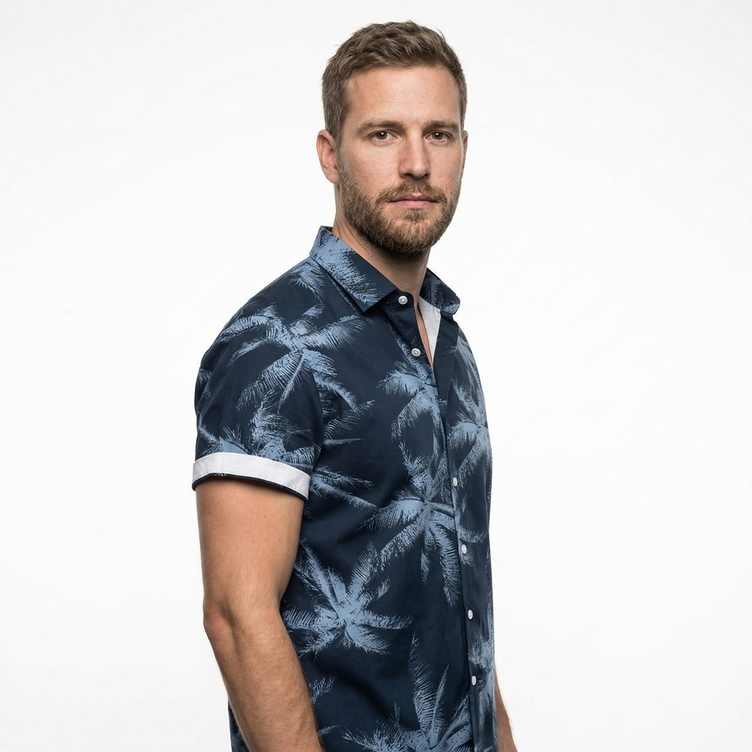 Herren Kurzarmhemd blau, tropischer Palmenprint, Strand