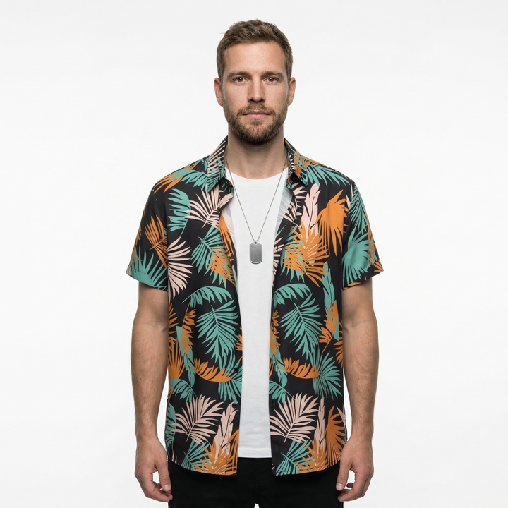 Herren Hawaiihemd schwarz, oranger Tropenprint, Kurzarm