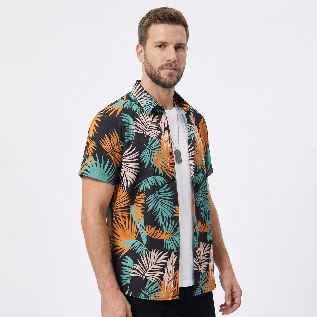 Herren Strandhemd schwarz-orange, offen, Urlaubslook