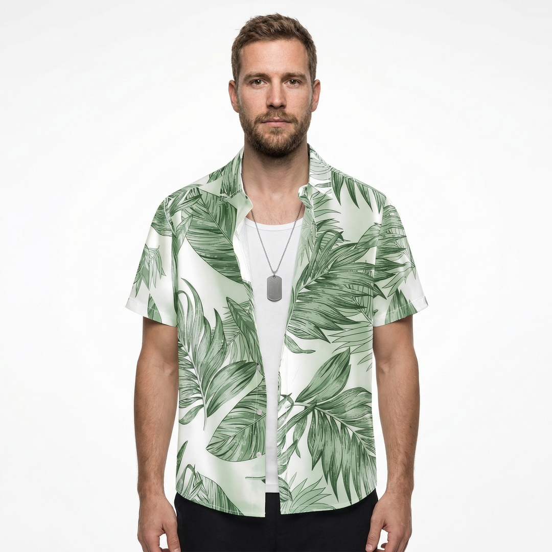 Herren Hawaiihemd, weißes Blattmuster auf grünem Grund