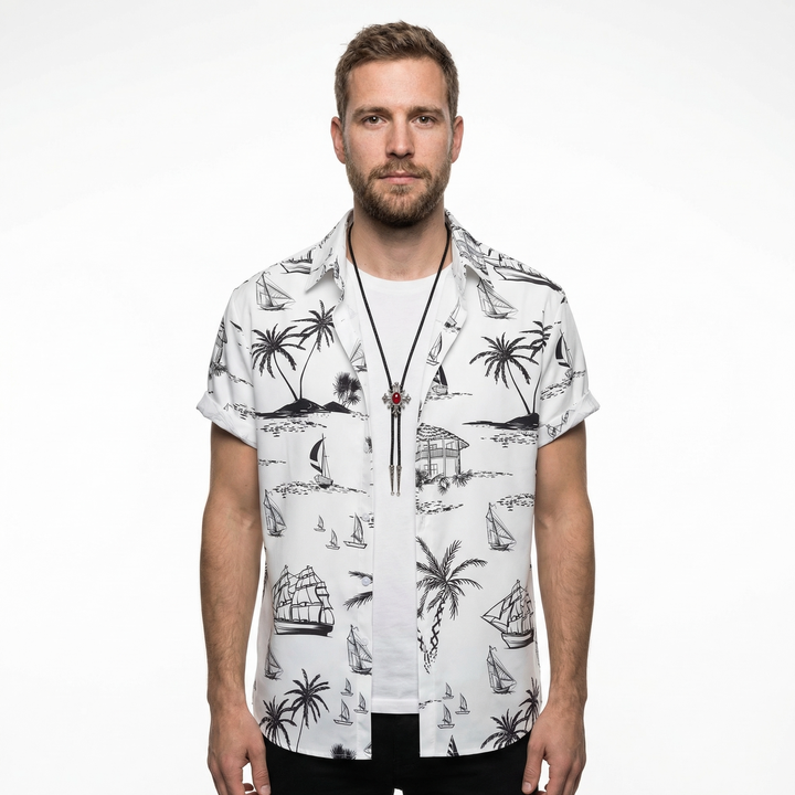 Herren Hawaiihemd Kurzarm, Weiß-Schwarz Inseldruck