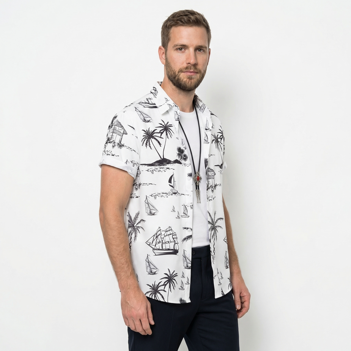 Herren Hawaiihemd, Creme-Grün Korallenblumenmuster