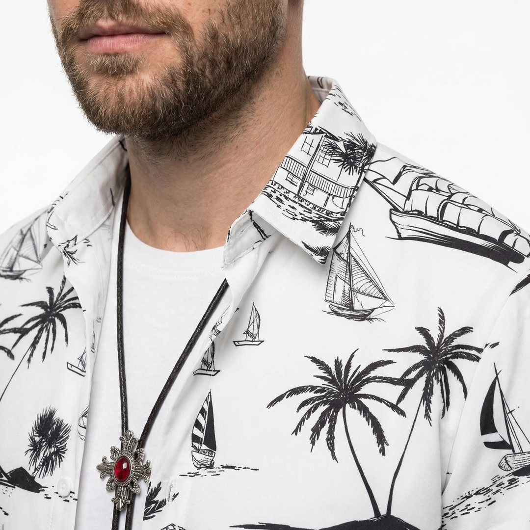Herren Hawaiihemd, Schwarz mit Gelb-Blau Tropendruck