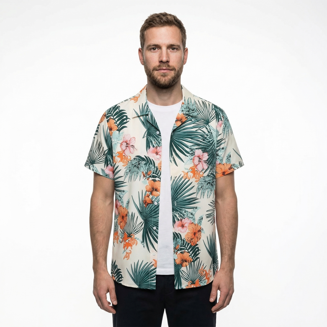 Herren Hawaiihemd, Türkis mit orangem Hibiskusdruck