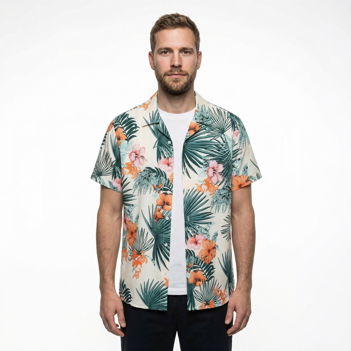 Herren Hawaiihemd, Türkis mit orangem Hibiskusdruck