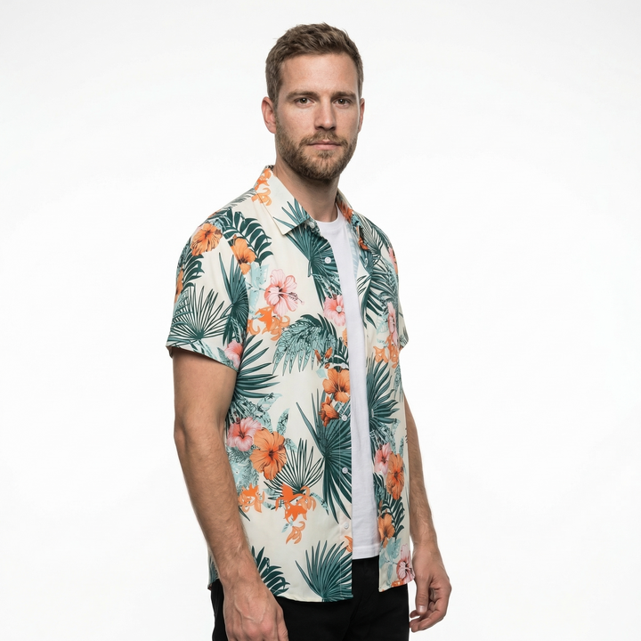 Herren Hawaiihemd, Schwarz mit Rot-Grün Tropenmuster