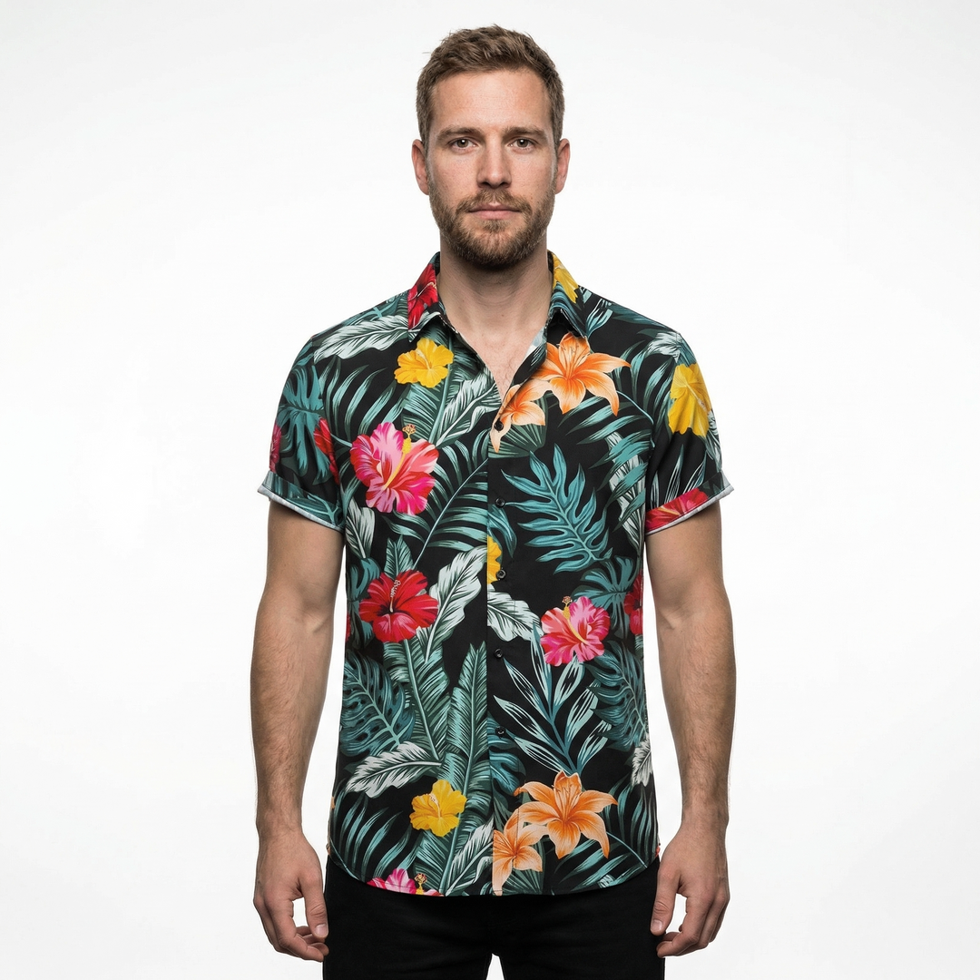 Herren Hawaiihemd Weiß-Schwarz Inseldruck, Rückenansicht