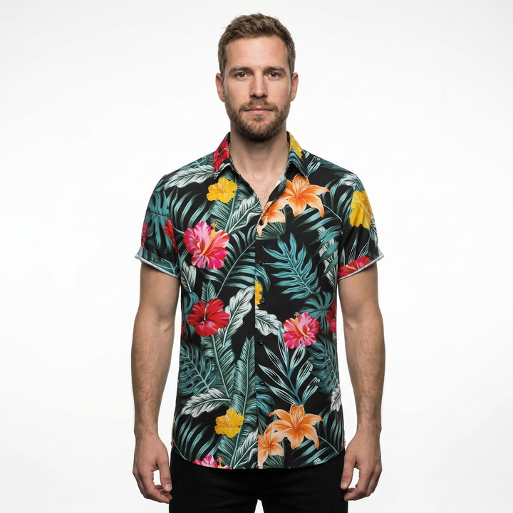 Herren Hawaiihemd Weiß-Schwarz Inseldruck, Rückenansicht