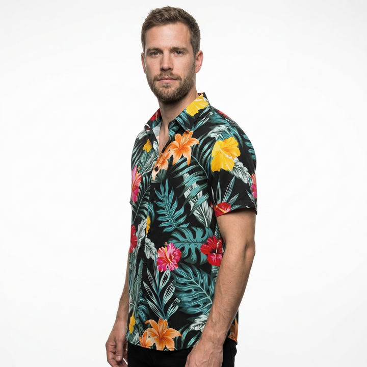 Herren Hawaiihemd Creme-Grün Blumenmuster, Seitenansicht