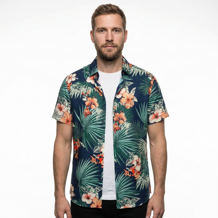 Herren Hawaiihemd Türkis-Orange, Rückenansicht