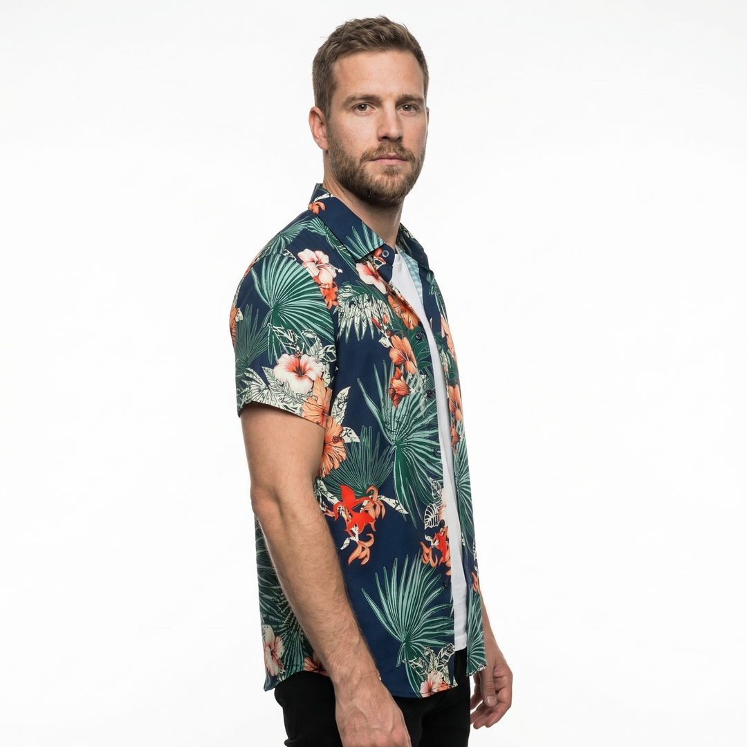 Herren Hawaiihemd Schwarz-Gelb-Blau Tropendruck, Rücken