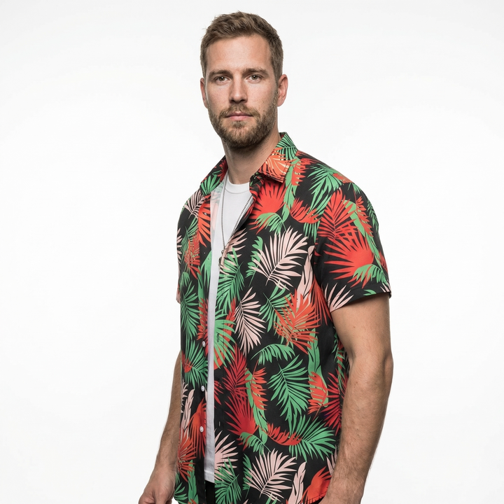Herren Hawaiihemd Weiß-Orange Minzblatt, Rückenansicht
