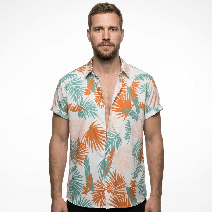 Herren Hawaiihemd Schwarz-Rot-Grün, Frontansicht Nahaufnahme