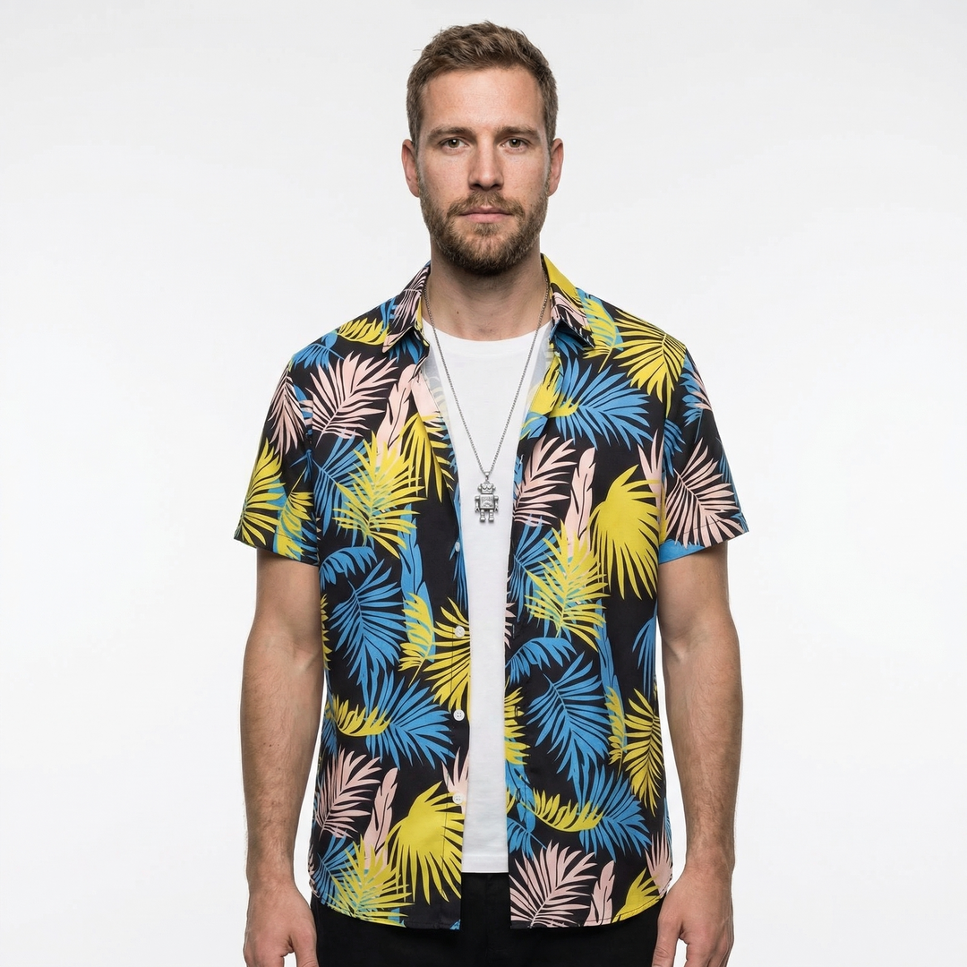 Herren Hawaiihemd, Weiß mit orangem Minzblatt-Muster