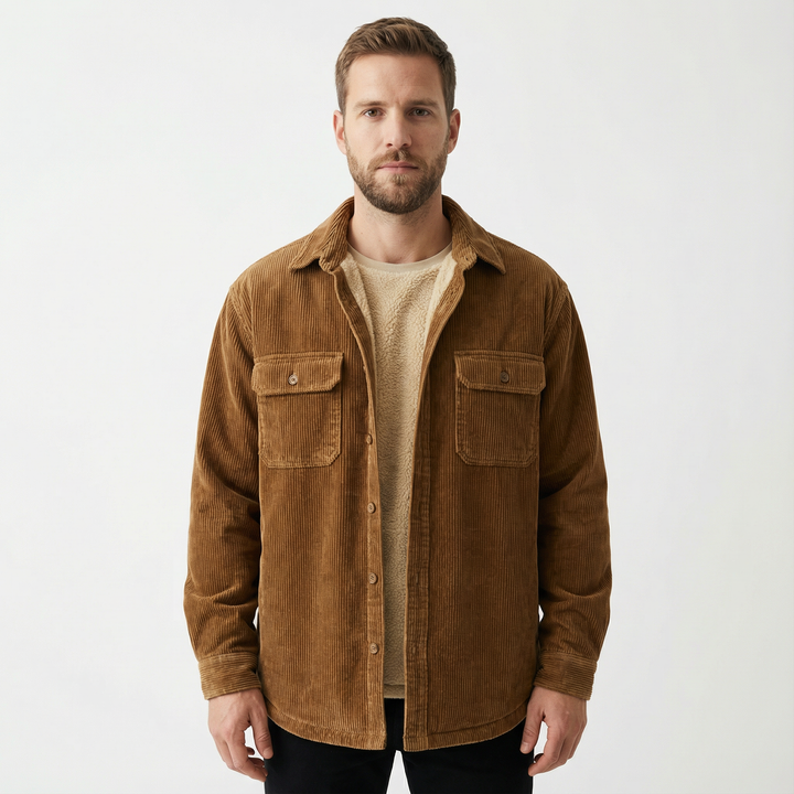 Herren Cord-Fleece-Jacke in Braun, Hemdjacke mit Fleecefutter, Vorderansicht am Model