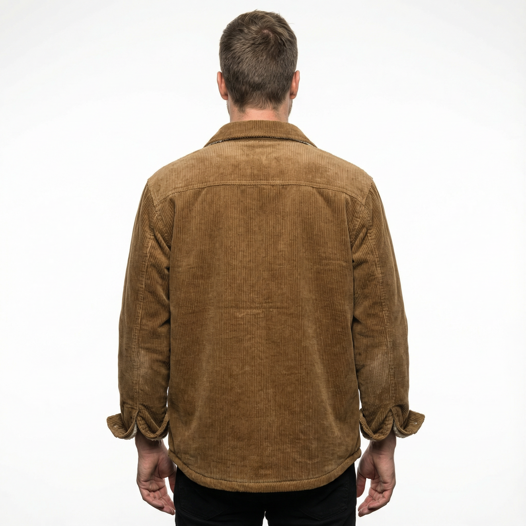 Rückenansicht Herren Cord-Fleece-Jacke Braun, breiter Schnitt und Cordmuster