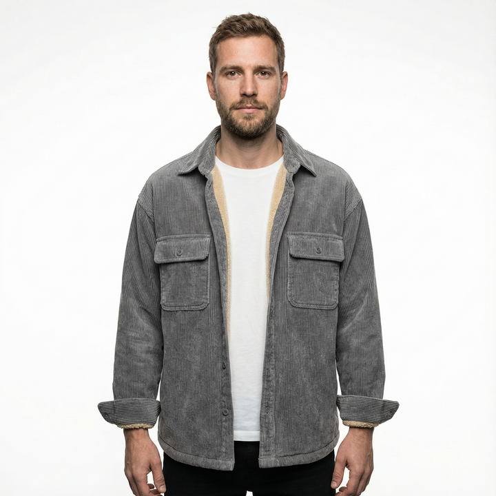 Herren Cord-Fleece-Jacke in Grau, Hemdjacke mit Fleecefutter, Vorderansicht am Model