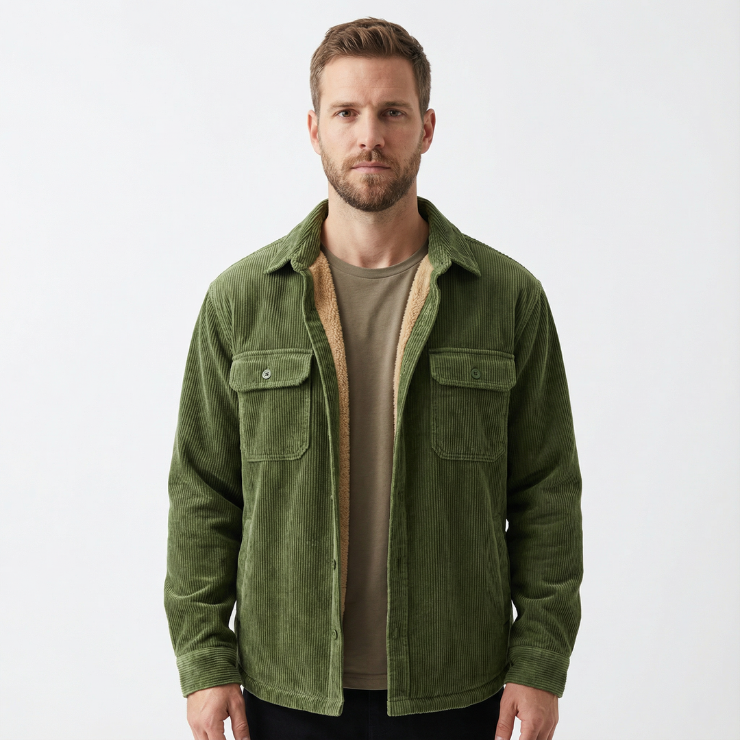Herren Cord-Fleece-Jacke in Grün, Hemdjacke mit Fleecefutter, Vorderansicht am Model