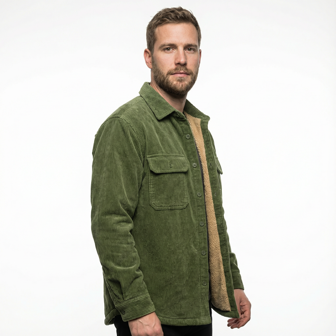 Herren Cord-Fleece-Jacke in Grün, Seitenansicht mit sichtbarem Fleecefutter