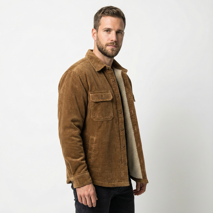 Herren Cord-Fleece-Jacke in Braun, Seitenansicht mit sichtbarem Fleecefutter