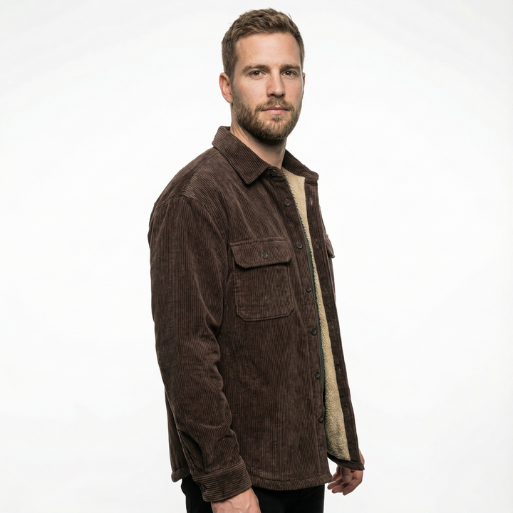 Herren Cord-Fleece-Jacke in Dunkelbraun, Seitenansicht mit Fleecefutter