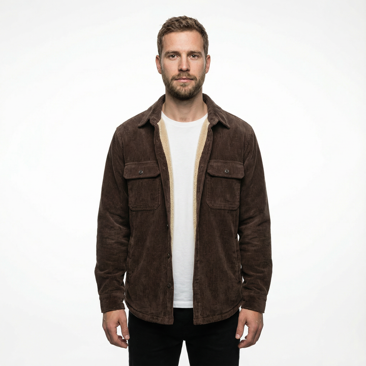 Herren Cord-Fleece-Jacke in Dunkelbraun, Vorderansicht am Model