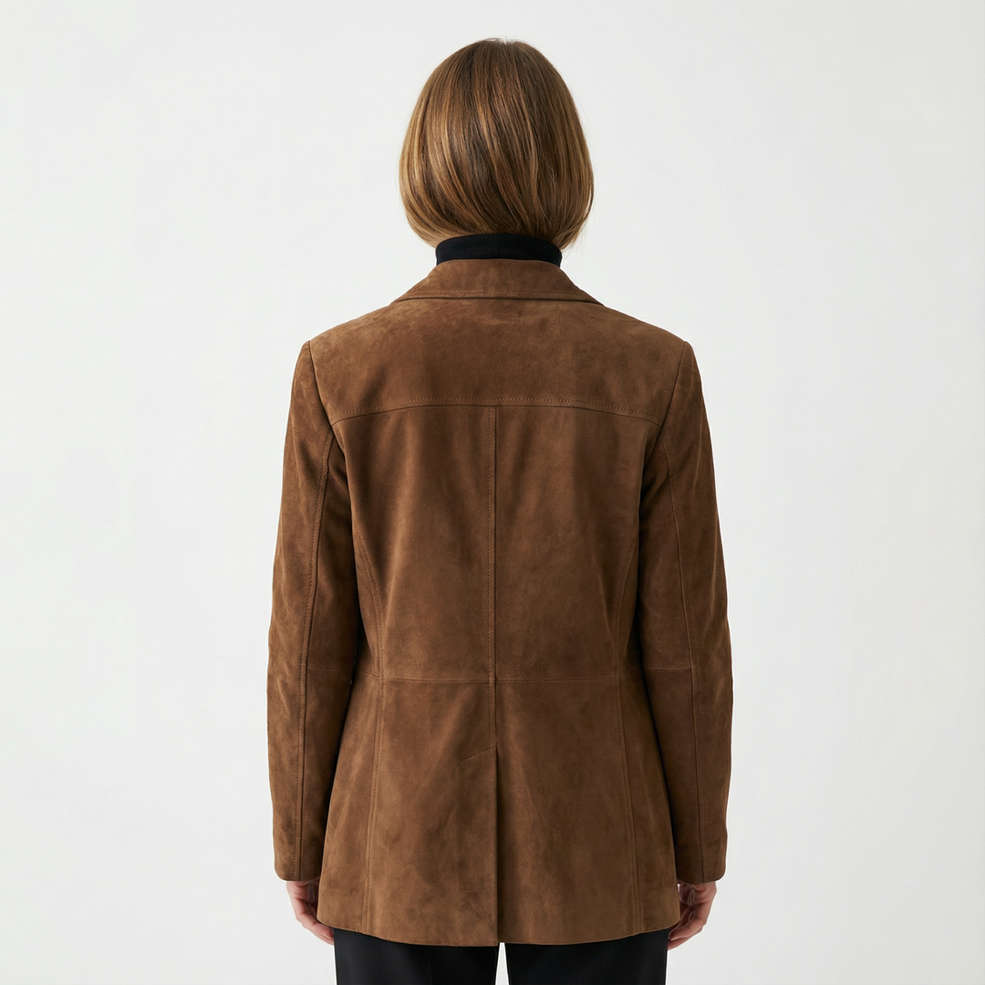 Rückenansicht Damen Wildleder Jacke Braun, Rückenpaneele und Oversize-Schulter sichtbar
