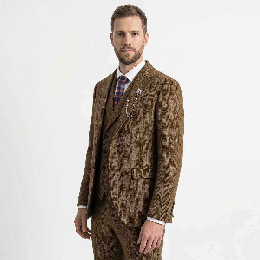 Tweed Herringbone 3-teiliger Anzug