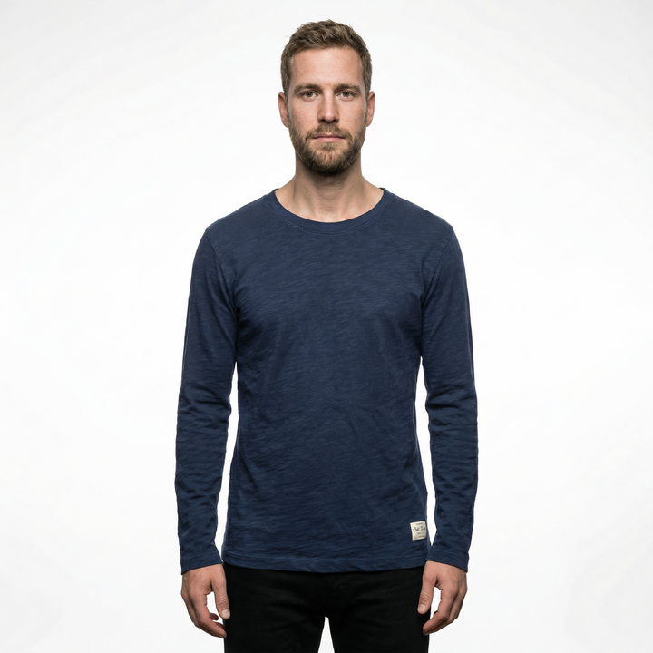 Herren Langarmshirt aus Baumwolle in Dunkelblau, Rundhalsausschnitt, Vorderansicht