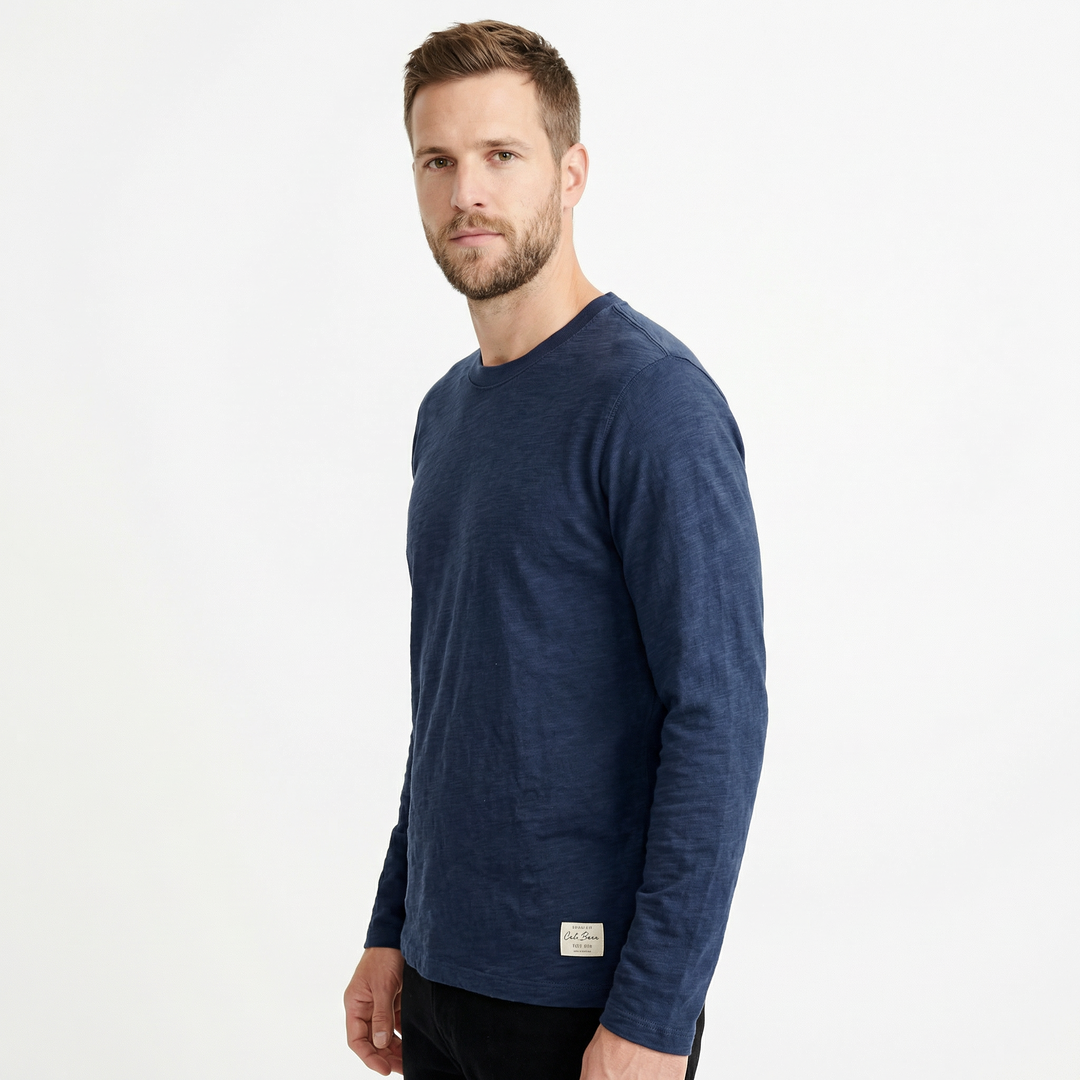 Herren Baumwoll-Langarmshirt in Dunkelblau, Seitenansicht, leicht melierte Textur