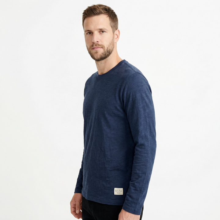 Herren Baumwoll-Langarmshirt in Dunkelblau, Seitenansicht, leicht melierte Textur