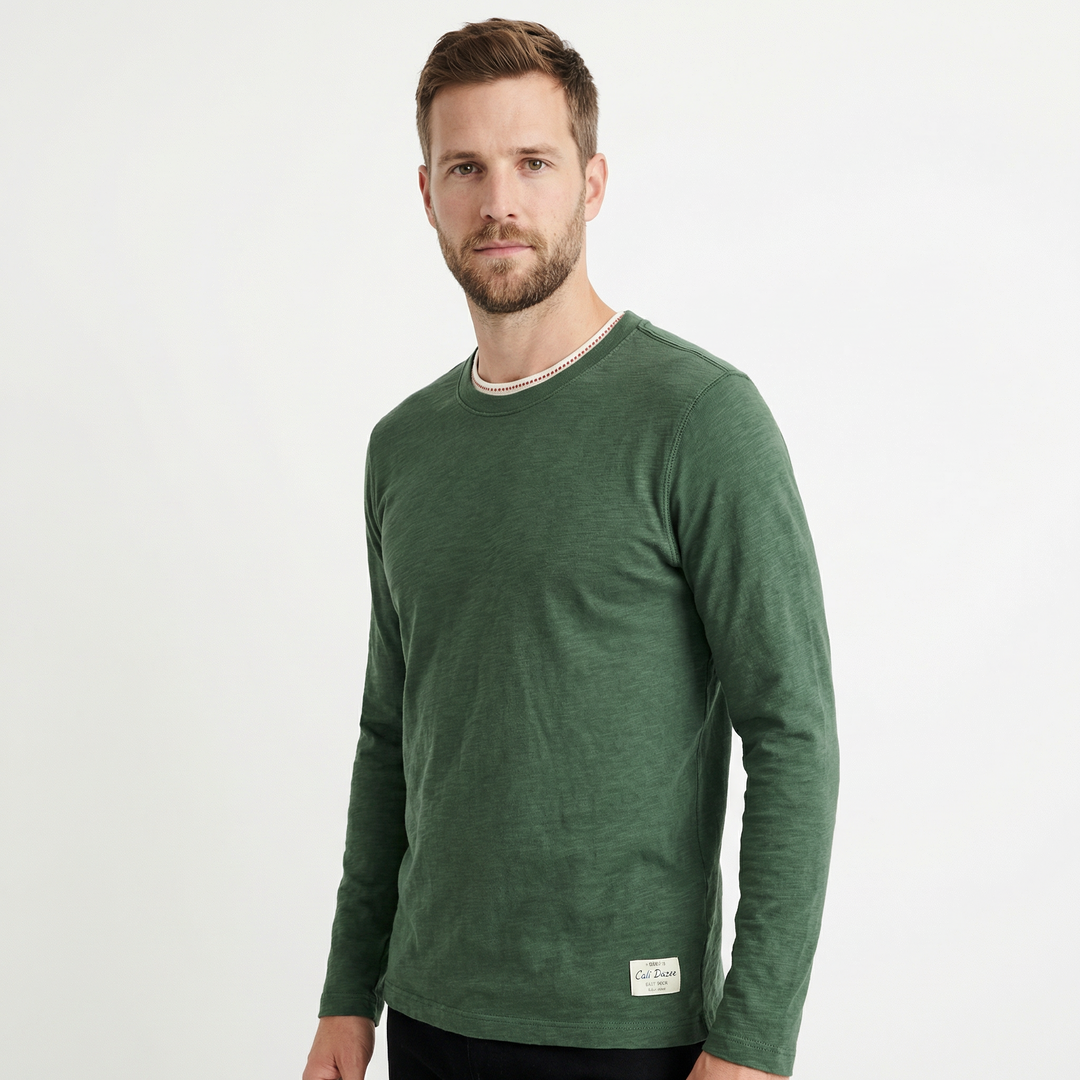 Herren Baumwoll-Langarmshirt in Grün, Seitenansicht, melierte Slub-Textur erkennbar