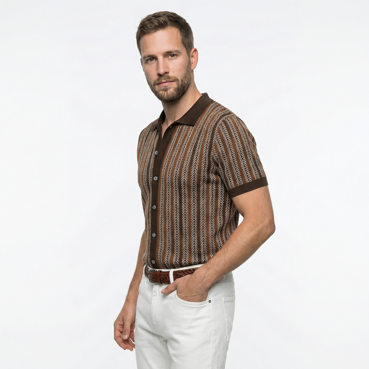 Herren Strick-Poloshirt mit Jacquard-Streifenmuster, Seitenansicht