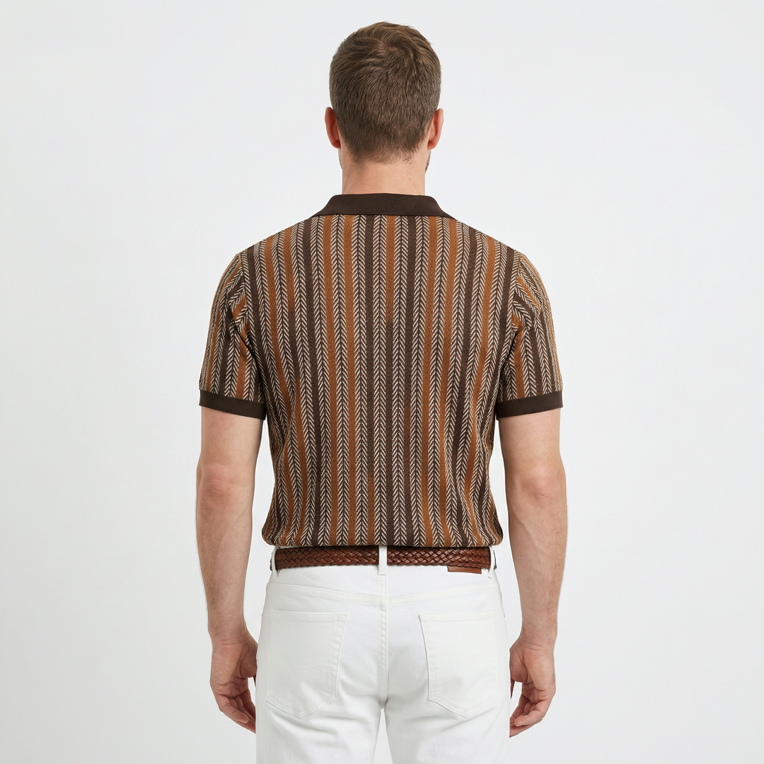 Rückenansicht Herren Strick-Poloshirt mit Jacquard-Muster, Kurzarm