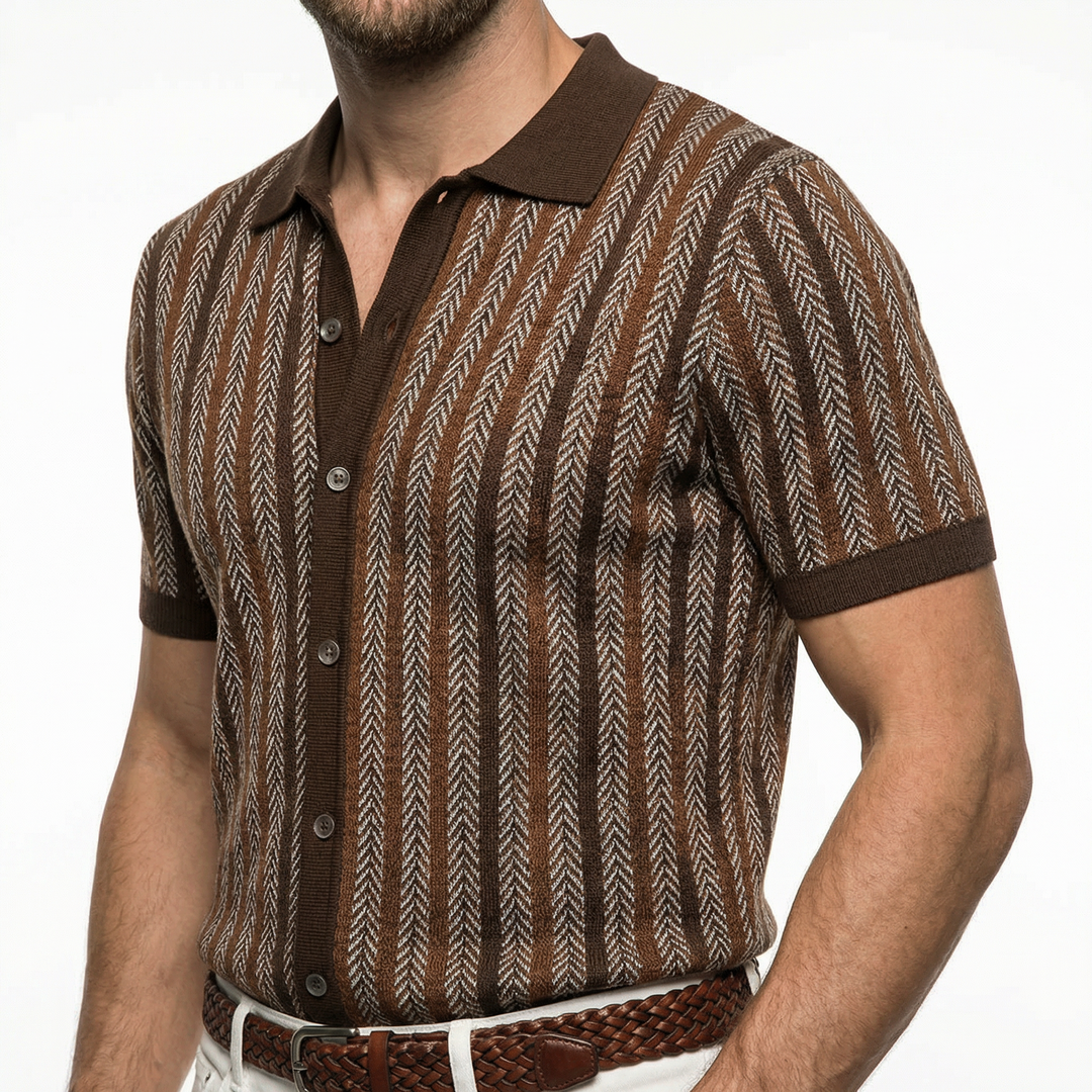 Nahaufnahme Jacquard-Strick und Knopfleiste, Herren Poloshirt Braun